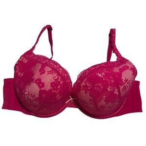 Cacique Hot Pink Lace Balconette Bra 44C Underwire Push Up Plunge